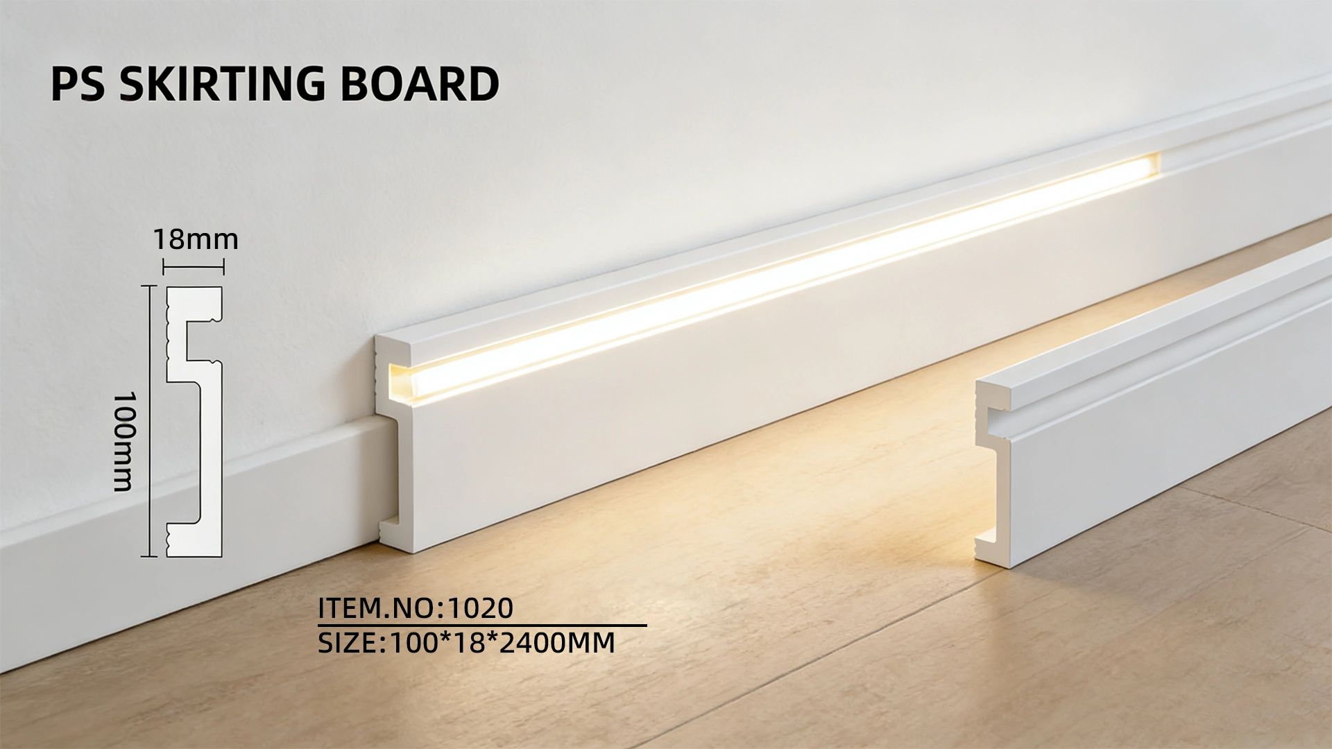 Polistirola grīdlīste LED lentei, 2400x100x18mm